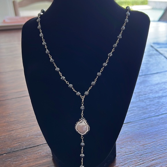 Mother of Pearl, Crystal,Sterling & Stone Lariat Necklace NWT - Picture 3 of 4